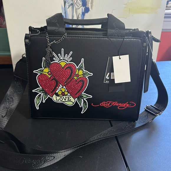 Ed Hardy Black with red Heart embellished convertible crossbody tote - Picture 1 of 6